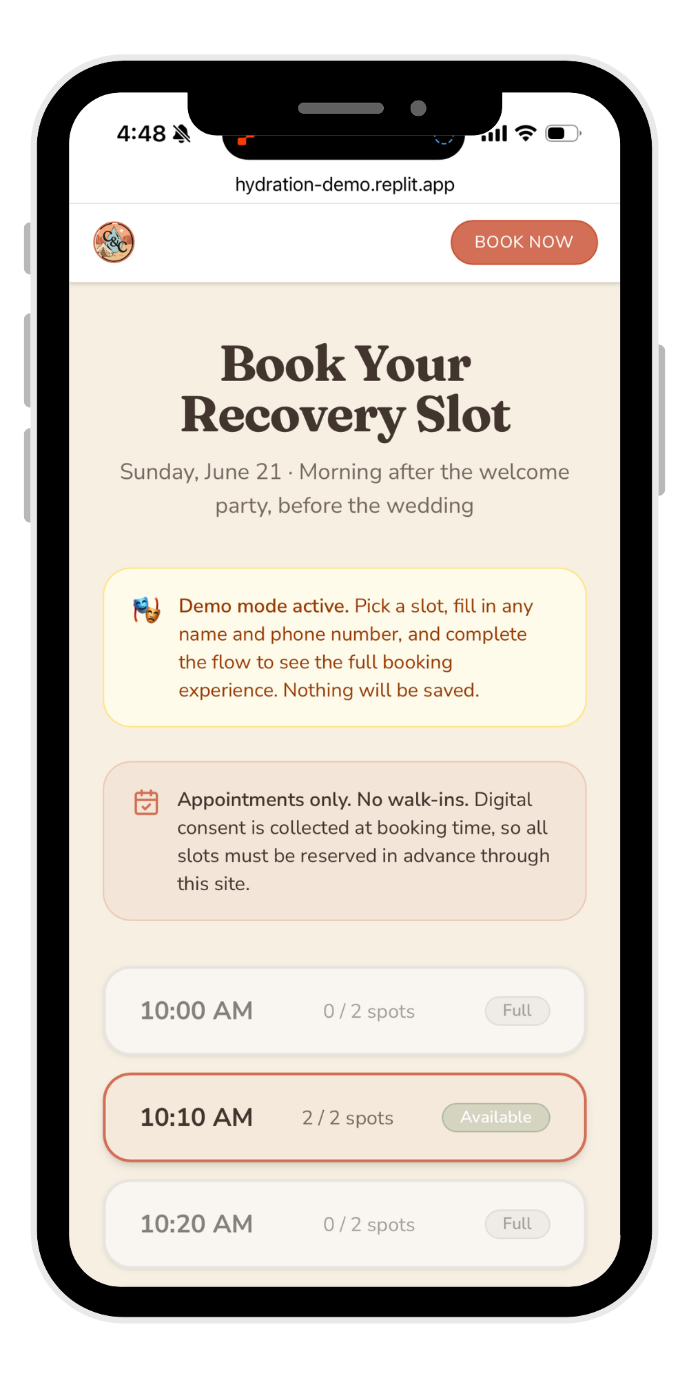 The IV hydration booking app on a phone, showing a 'Book Your Recovery Slot' screen with time slots and live availability.