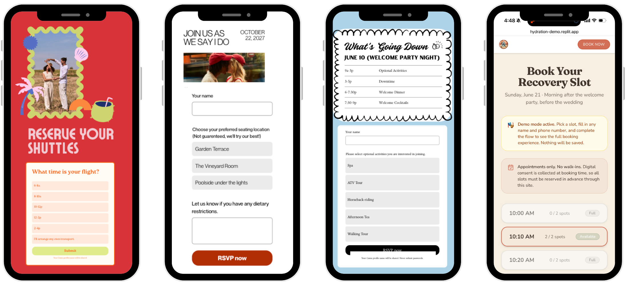 Three Throughline sign-up pages, each custom-designed for a different event: a tropical shuttle booking, an editorial wedding seating page, and a casual welcome-party activity sign-up.