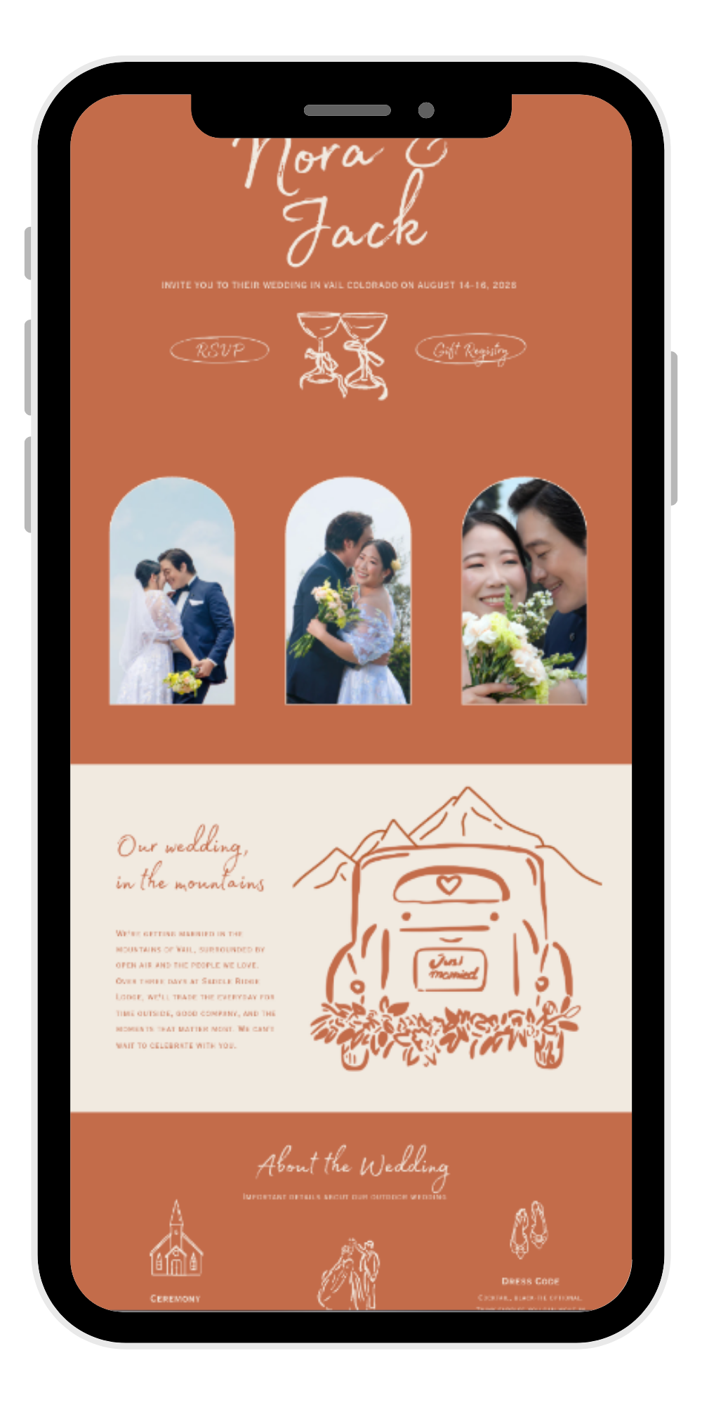 A sample Throughline event for Nora and Jack's wedding in Vail, showing the guest-facing sign-up experience on a phone.